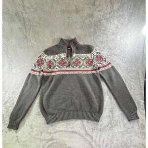Izod Mens Sweater Medium Fair Isle Knit Sweater Gray & Red Zip-Up Collar